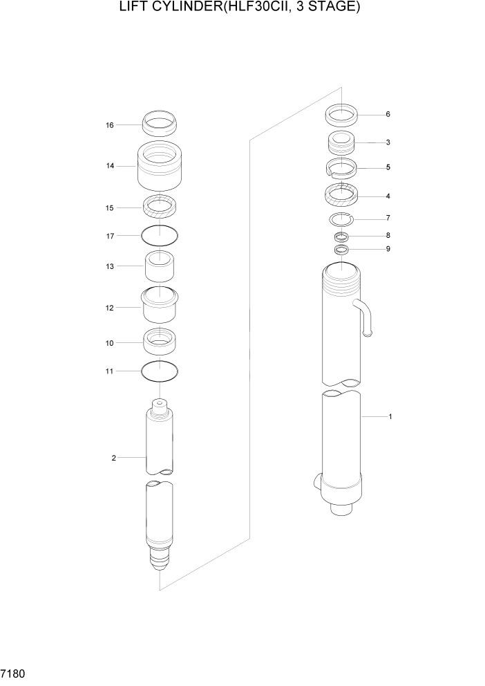 Схема запчастей Hyundai HLF20/HLF25/HLF30C-2 - PAGE 7180 LIFT CYLINDER(HLF30CII, 3 STAGE) РАБОЧЕЕ ОБОРУДОВАНИЕ