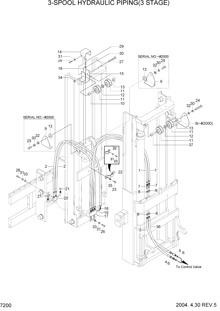 Схема запчастей Hyundai HLF20/HLF25/HLF30C-2 - PAGE 7200 3-SPOOL HYDRAULIC PIPING(3 STAGE) РАБОЧЕЕ ОБОРУДОВАНИЕ