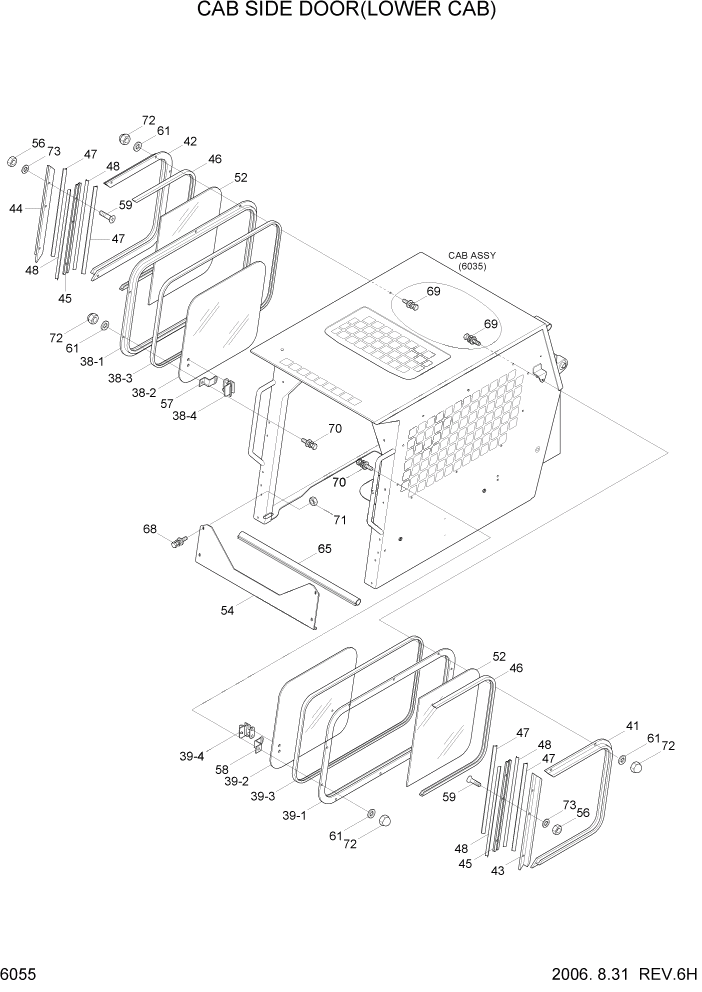 Схема запчастей Hyundai HSL650-7 - PAGE 6055 CAB SIDE DOOR(LOWER CAB) СТРУКТУРА