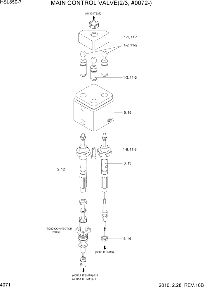 Схема запчастей Hyundai HSL800-7 - PAGE 4071 MAIN CONTROL VALVE(2/3, #0072-) ГИДРАВЛИЧЕСКИЕ КОМПОНЕНТЫ