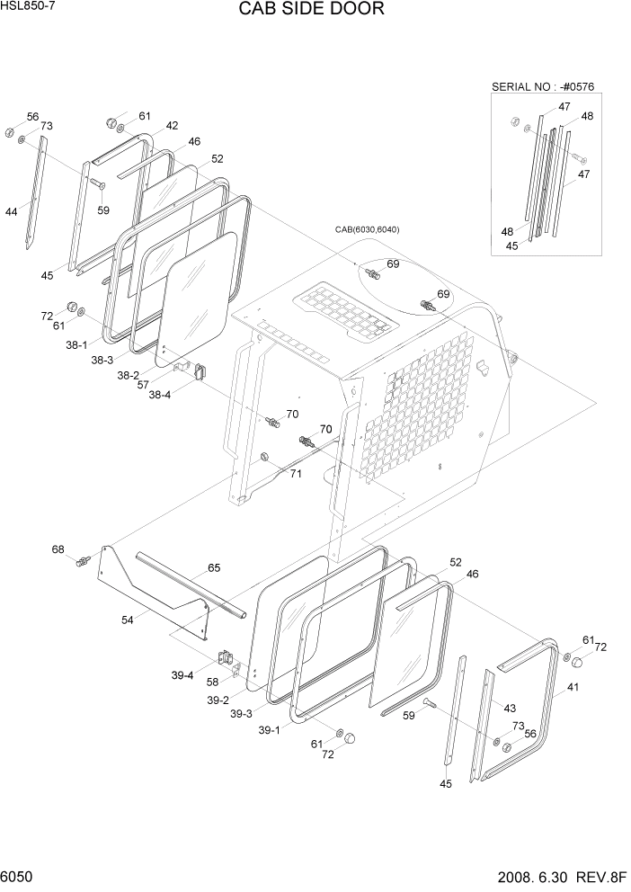 Схема запчастей Hyundai HSL800-7 - PAGE 6050 CAB SIDE DOOR СТРУКТУРА