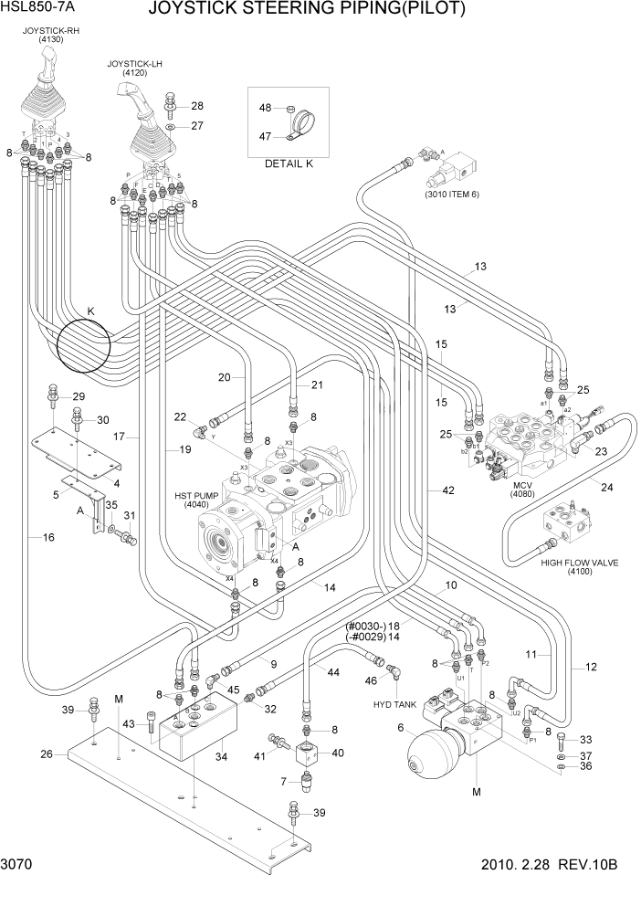 Схема запчастей Hyundai HSL850-7A - PAGE 3070 JOYSTICK STEERING HYD PIPING(PILOT) ГИДРАВЛИЧЕСКАЯ СИСТЕМА