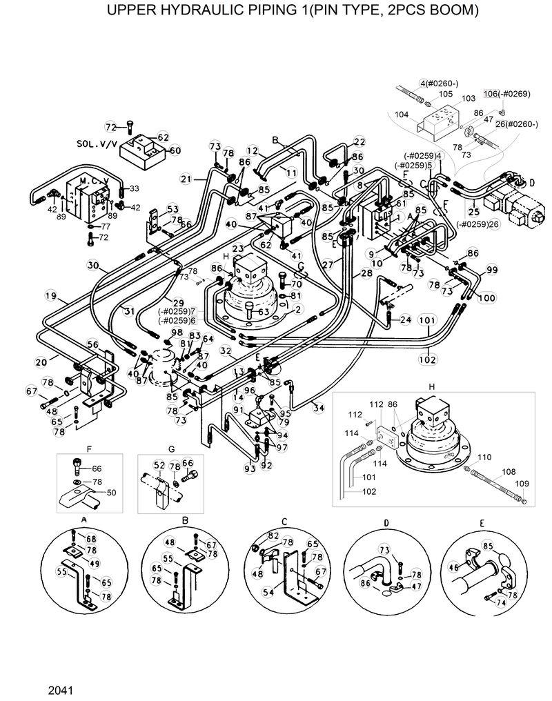 Схема запчастей Hyundai R200W2 - UPPER HYD PIPING 1(PIN TYPE, 2 PCS BOOM) 