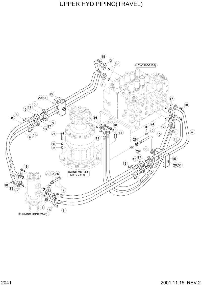 Схема запчастей Hyundai 33HDLL - UPPER HYD PIPING(TRAVEL) 