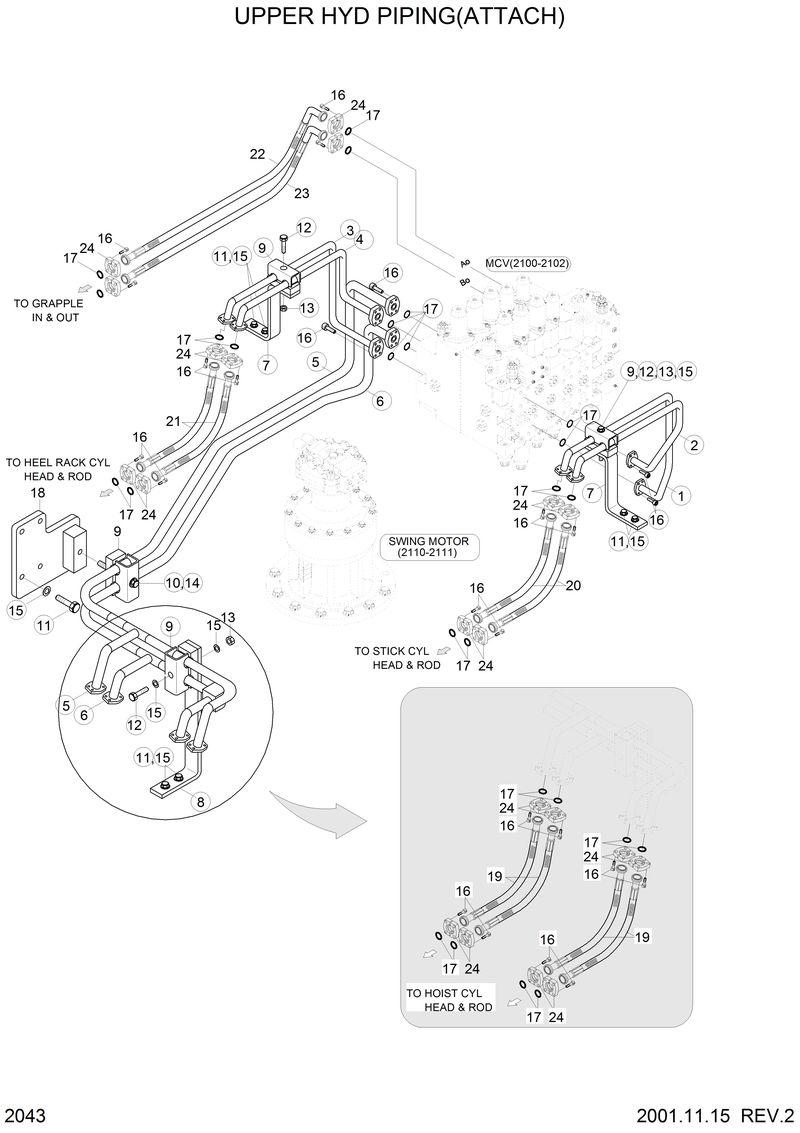 Схема запчастей Hyundai 33HDLL - UPPER HYD PIPING(ATTACH) 