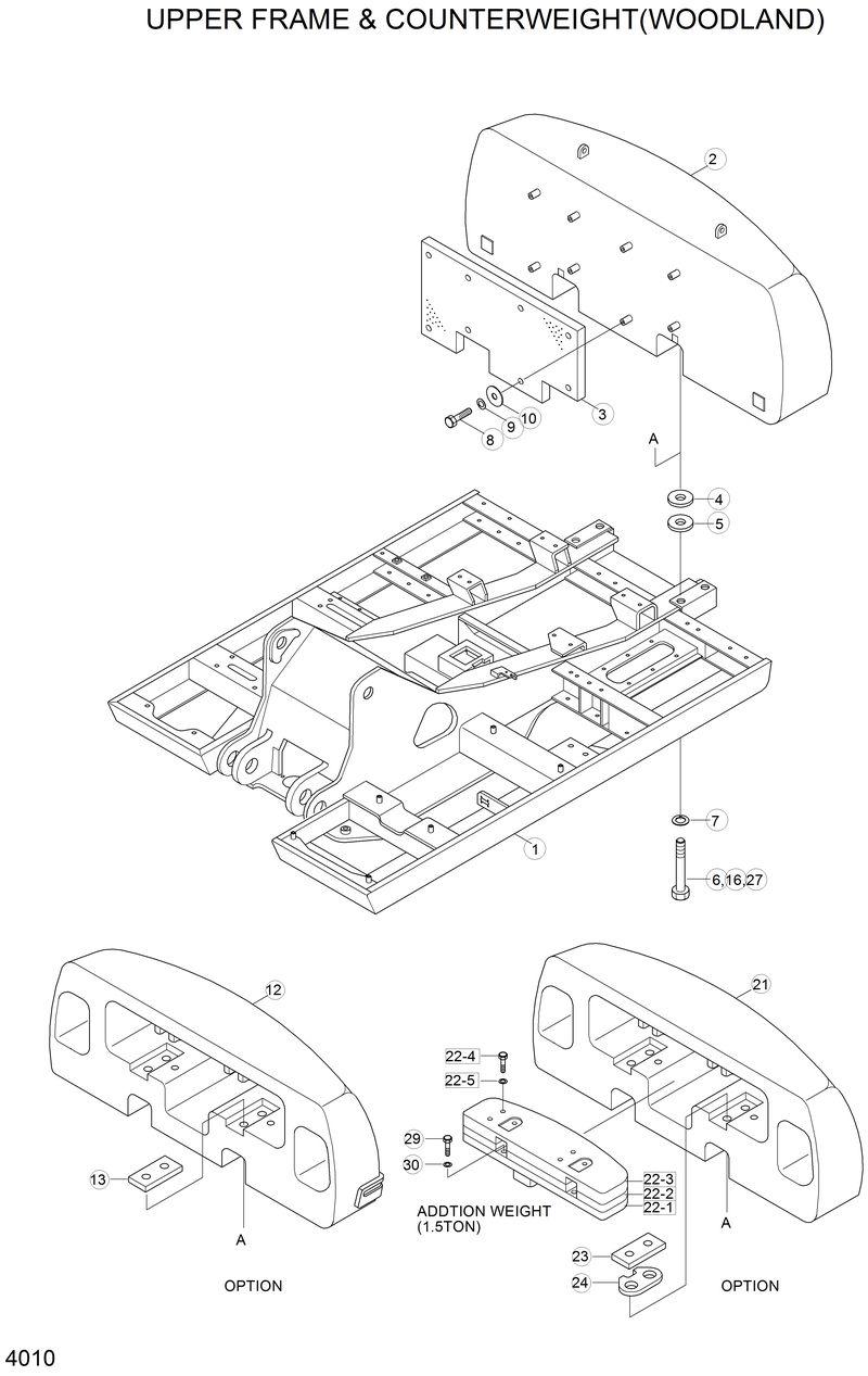 Схема запчастей Hyundai 33HDLL - UPPER FRAME &amp; COUNTERWEIGHT(WOODLAND) 