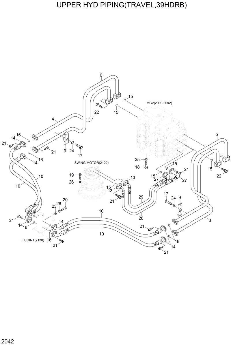 Схема запчастей Hyundai 42HDLL - UPPER HYD PIPING(TRAVEL,39HDRB) 