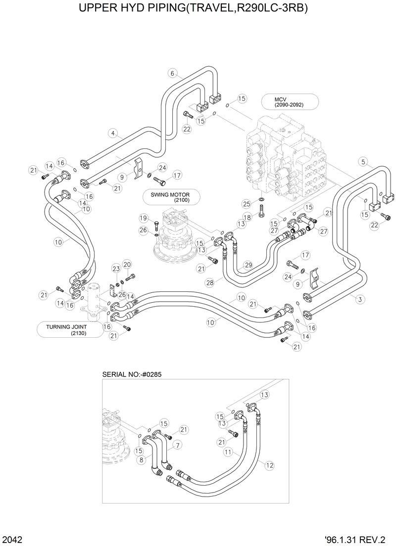 Схема запчастей Hyundai R290LC3LL - UPPER HYD PIPING(TRAVEL,R290LC-3RB) 