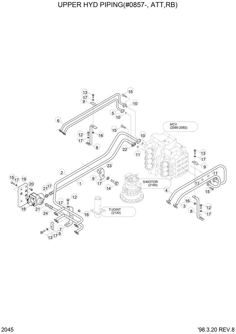 Схема запчастей Hyundai R290LC3LL - UPPER HYD PIPING(#0857-,ATT,RB,RB) 