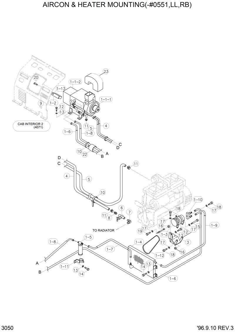 Схема запчастей Hyundai R290LC3LL - AIRCON &amp; HEATER MOUNTING(-#0551,LL,RB) 