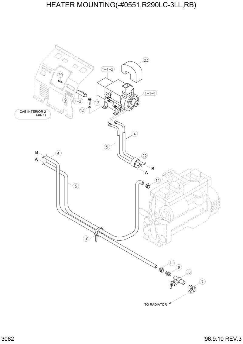 Схема запчастей Hyundai R290LC3LL - HEATER MOUNTING(-#0551,R290LC-3LL,RB) 