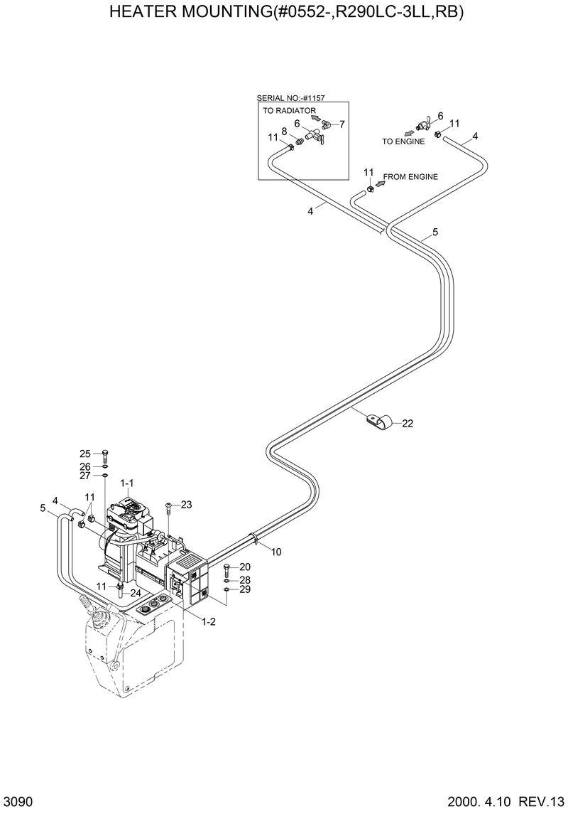 Схема запчастей Hyundai R290LC3LL - HEATER MOUNTING(#0552-,R290LC-L) 