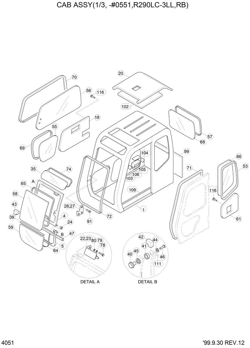 Схема запчастей Hyundai R290LC3LL - CAB ASSY(1/3,-#0551,R290LC-3LL,RB) 