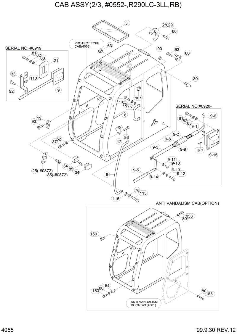 Схема запчастей Hyundai R290LC3LL - CAB ASSY(2/3,#0552-,R290LC-3LL,RB) 