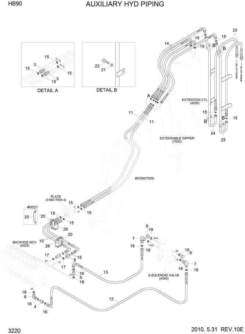 Схема запчастей Hyundai HB90 - AUXILIARY HYD PIPING 