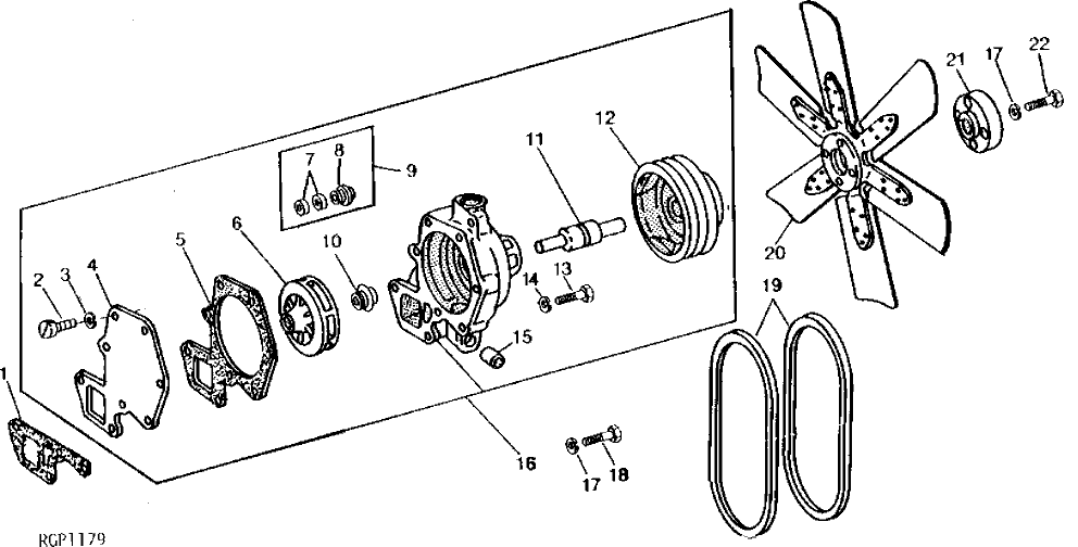 Схема запчастей John Deere 90 - 6 - FAN AND WATER PUMP 25 - COOLING SYSTEM