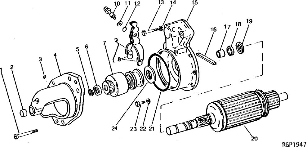 Схема запчастей John Deere 90 - 16 - STARTER DRIVE HOUSING AND ARMATURE 85 - ALTERNATOR, STARTING MOTOR, REGULATOR AND BATTERIES