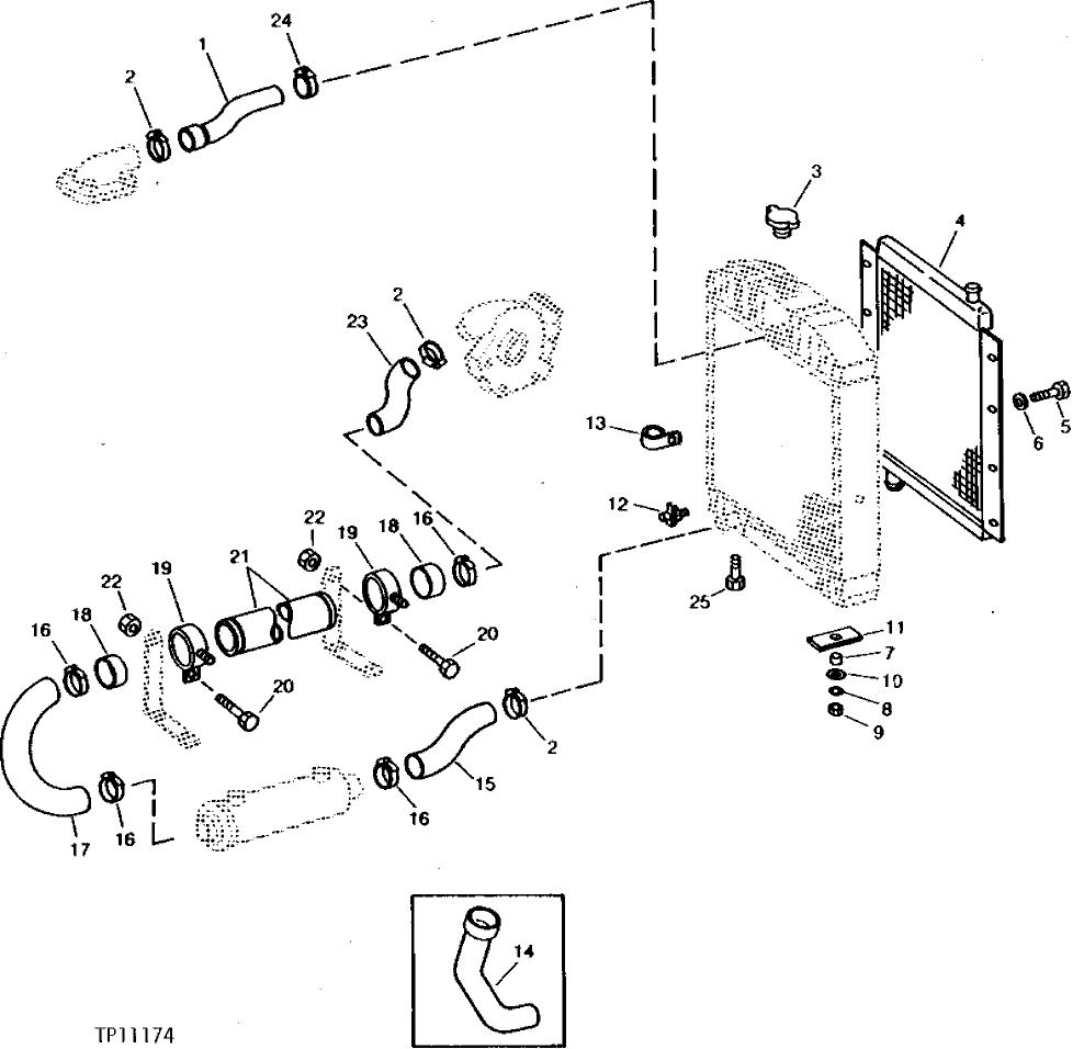 Схема запчастей John Deere 90B - 1A - RADIATOR CAP, HOSES AND OIL COOLER 25 - COOLING SYSTEM