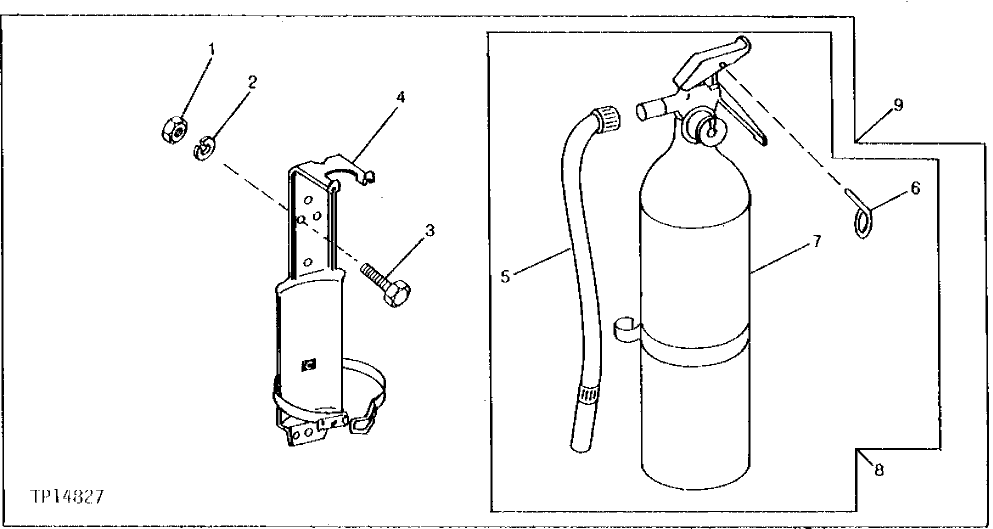 Схема запчастей John Deere 90B - 6 - REPLACEMENT FIRE EXTINGUISHER AND BRACKET 75 - CAB