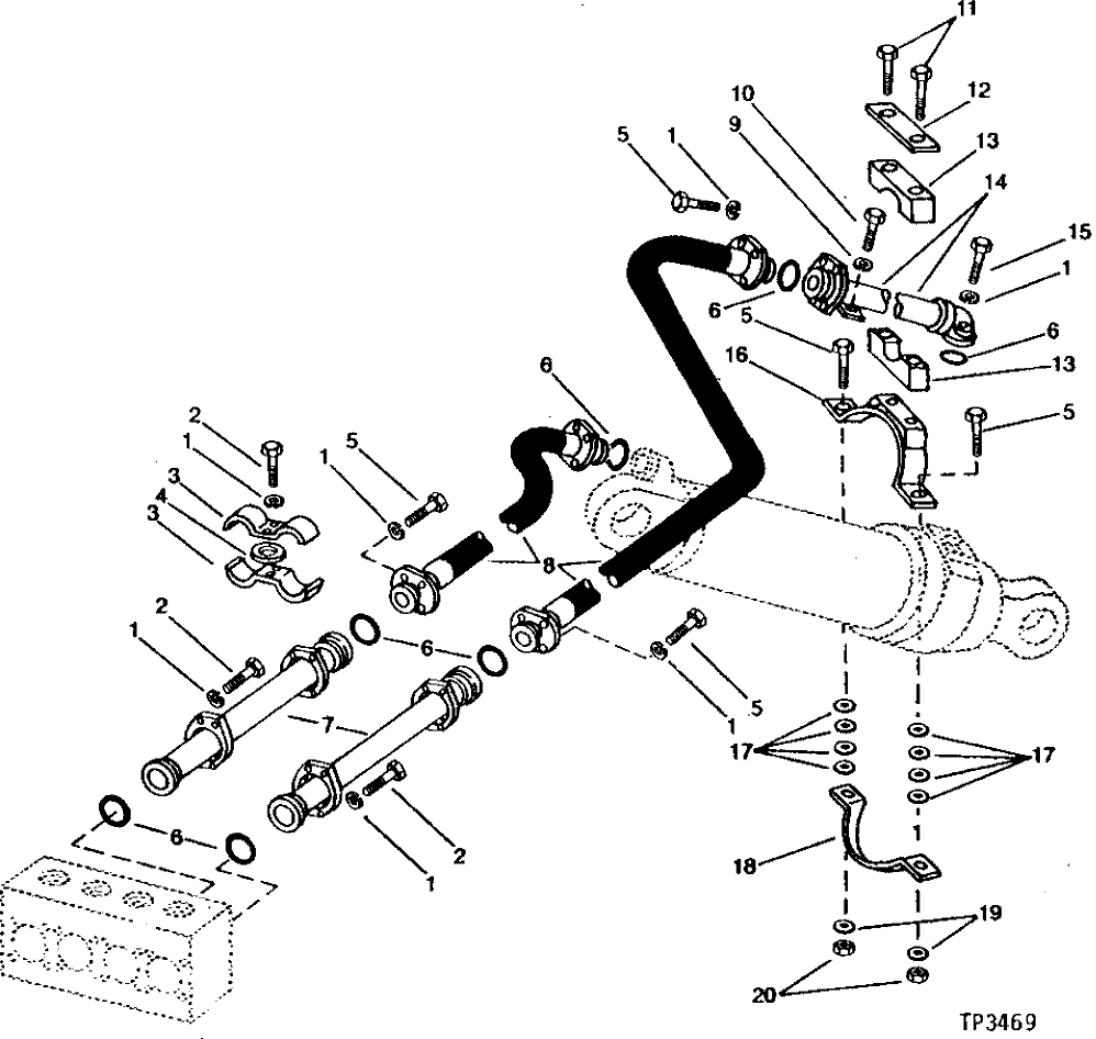 Схема запчастей John Deere 90 - 18 - BOOM TUBE BLOCK TO CROWD CYLINDER HYDRAULICS 3360 - BACKHOE AND EXCAVATOR 33