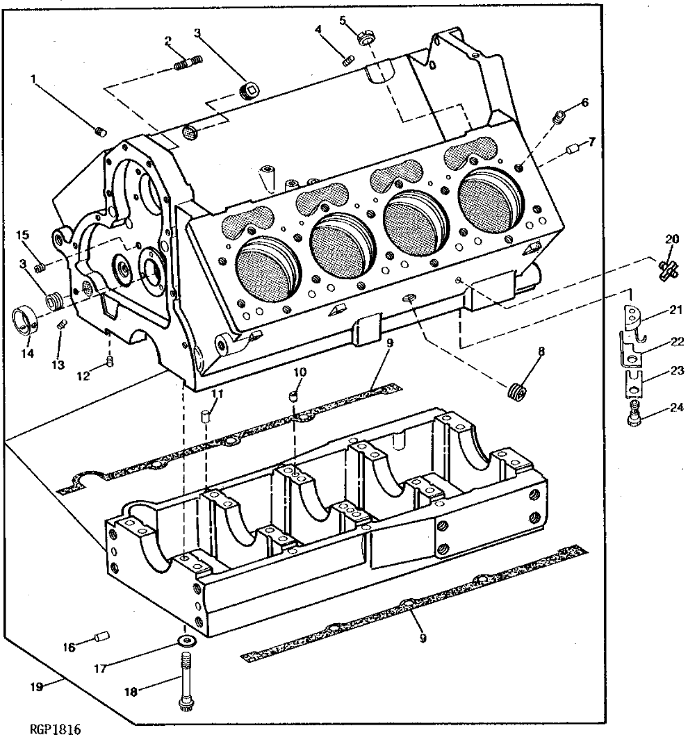 Схема запчастей John Deere 90 - 2 - CYLINDER BLOCK AND CRANKSHAFT BEARING SUPPORT 404 - ENGINE 4