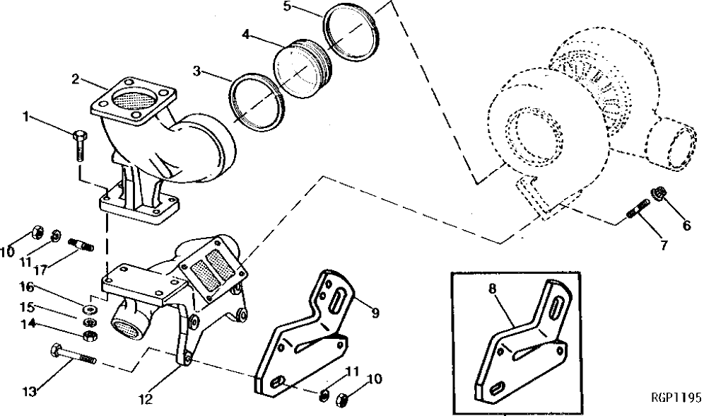 Схема запчастей John Deere 90 - 3 - CENTER EXHAUST MANIFOLD AND ELBOW 410 - ENGINE 4