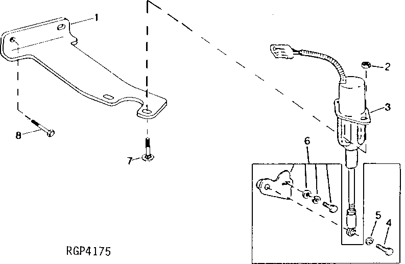 Схема запчастей John Deere 90 - 24 - FUEL SHUT-OFF BRACKET AND ELECTRIC SHUT-OFF SOLENOID 413 - ENGINE 4