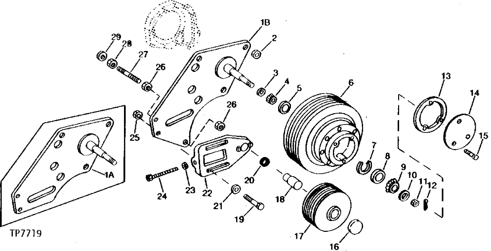 Схема запчастей John Deere 90 - 1 - FAN PULLEY AND FAN BELT TIGHTENER 429 - ENGINE 4