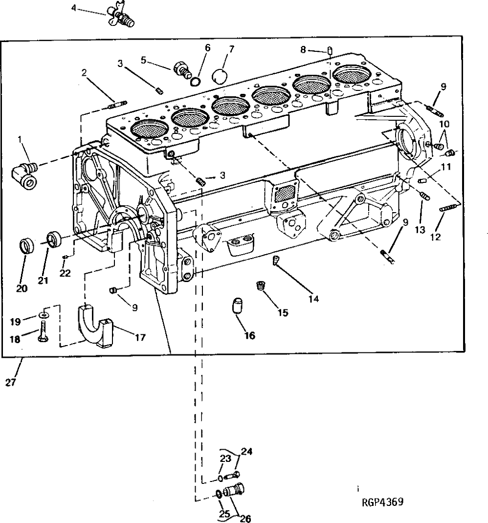 Схема запчастей John Deere 90A - 4 - CYLINDER BLOCK, FITTINGS AND MAIN BEARING CAPS 404 - ENGINE 4