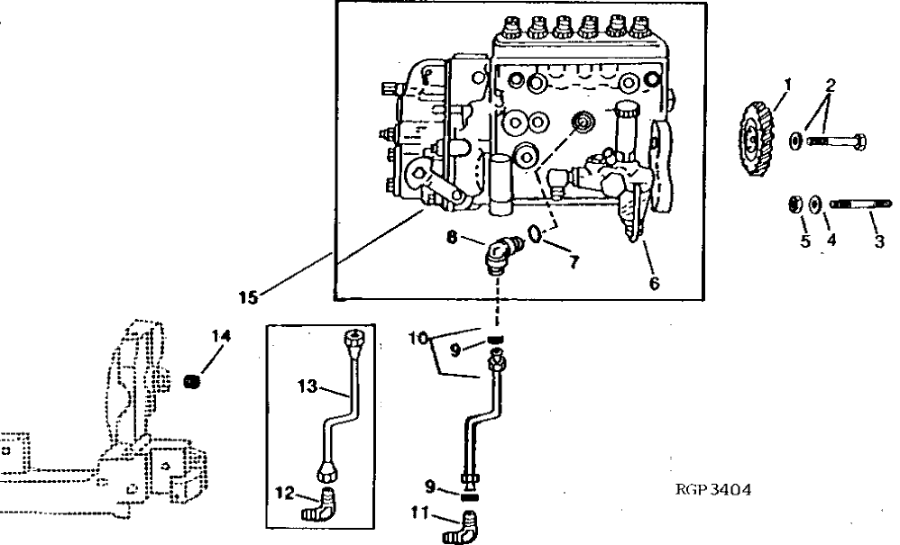 Схема запчастей John Deere 90A - 8 - FUEL INJECTION PUMP AND OIL INLET LINE 413 - ENGINE 4