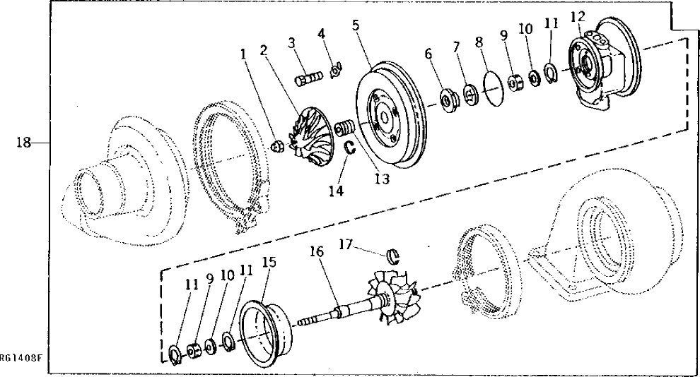 Схема запчастей John Deere 90A - 3 - TURBOCHARGER CENTER HOUSING WITH ROTATING PARTS 416 - ENGINE 4