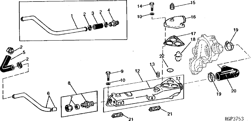 Схема запчастей John Deere 90A - 2 - WATER OUTLET MANIFOLD AND THERMOSTATS 418 - ENGINE 4