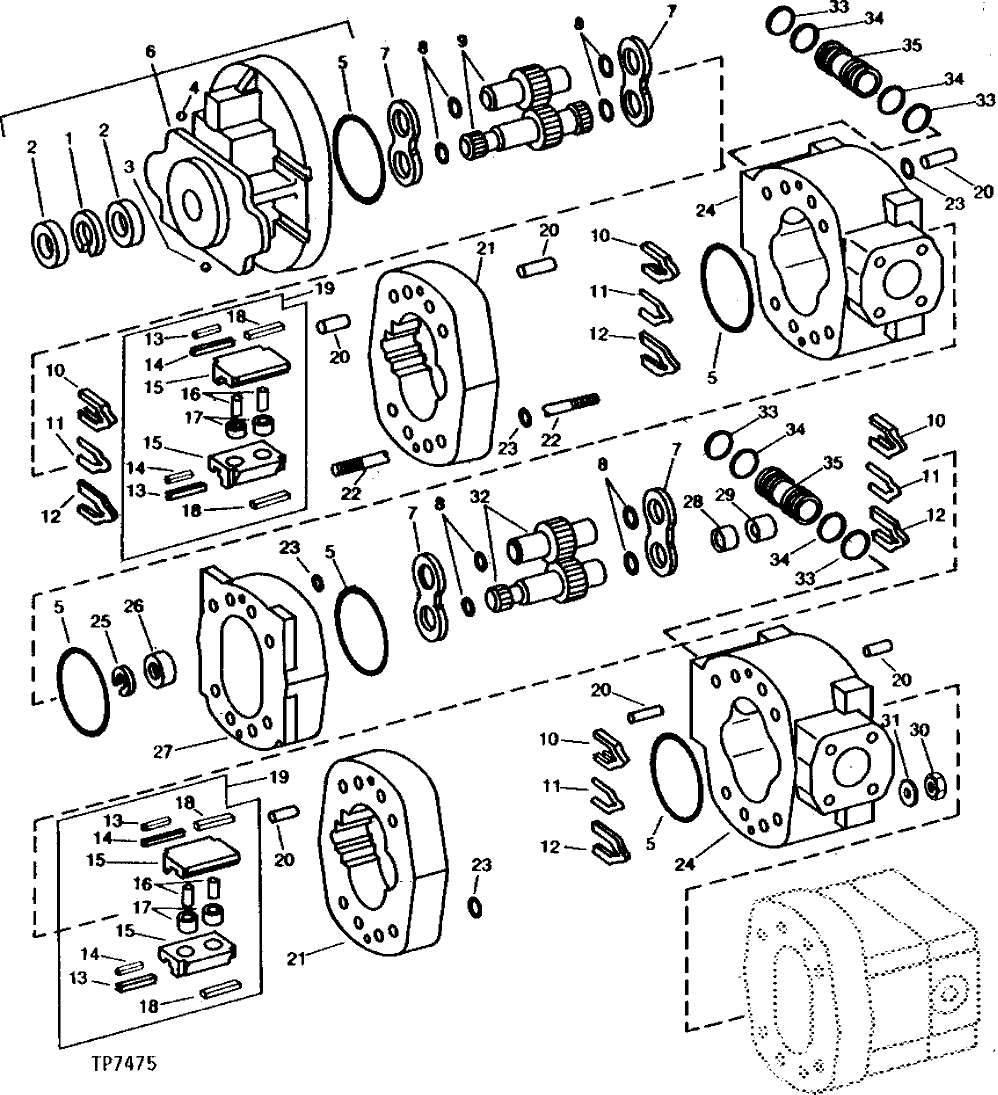 Схема запчастей John Deere 90A - 2B - HYDRAULIC PUMP FRONT AND CENTER SECTION 3360 - EXCAVATOR 33