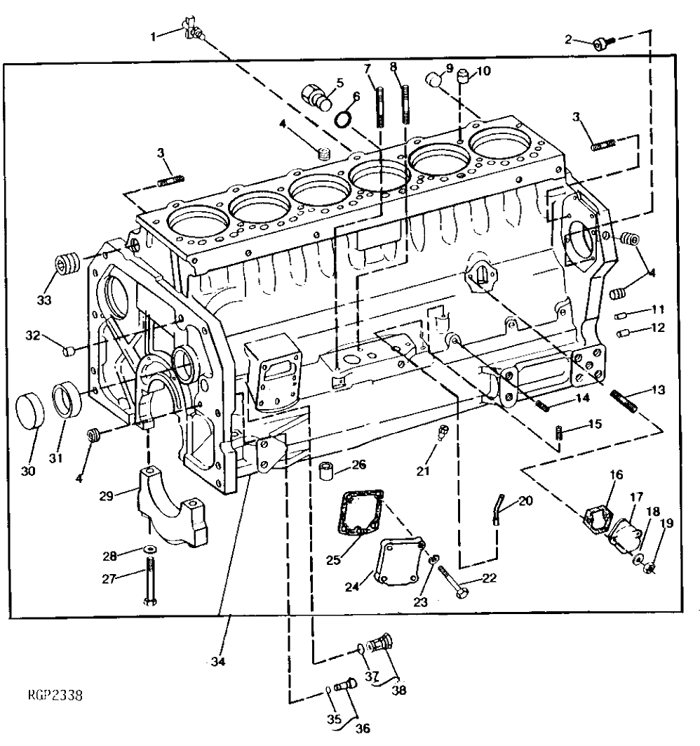 Схема запчастей John Deere 90 - 2 - CYLINDER BLOCK, FITTINGS AND MAIN BEARING CAPS 404 - ENGINE 4