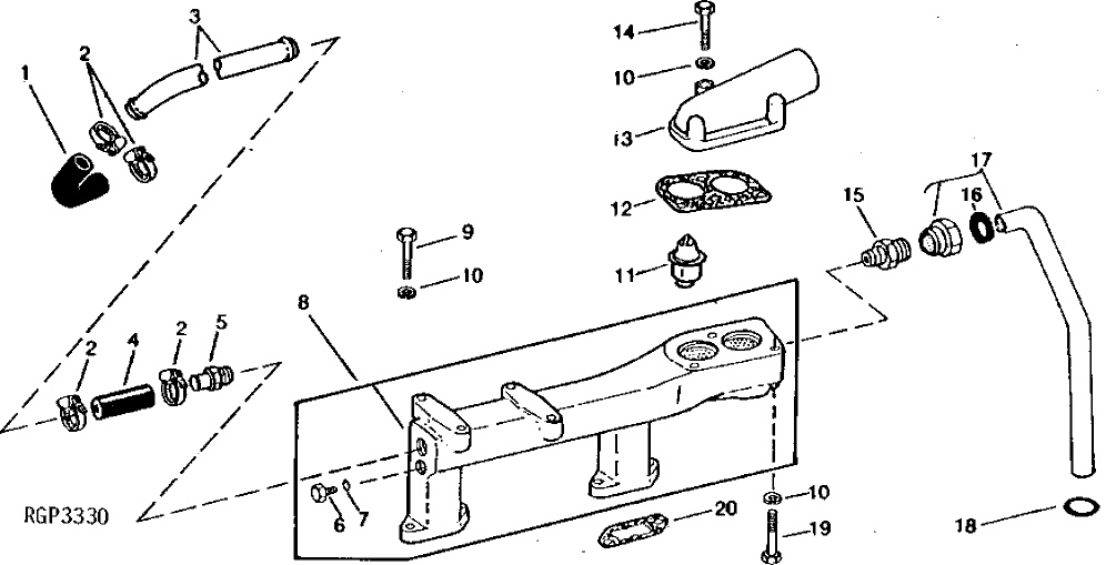 Схема запчастей John Deere 90 - 2 - WATER OUTLET MANIFOLD AND THERMOSTATS 418 - ENGINE 4