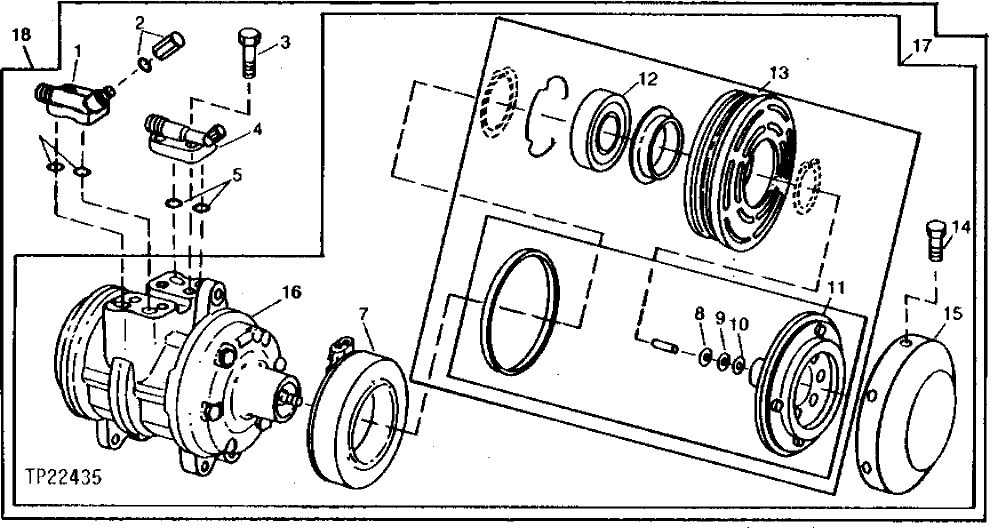 Схема запчастей John Deere 90CR - 18 - COMPRESSOR CLUTCH AND SERVICE VALVES 1830 - OPERATORS STATION 18