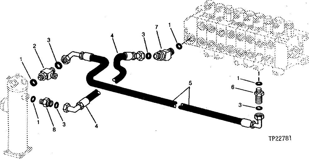 Схема запчастей John Deere 90CR - 1 - CONTROL VALVE TO RETURN FILTER HOSES AND FITTINGS 3360 - BACKHOE AND EXCAVATOR 33