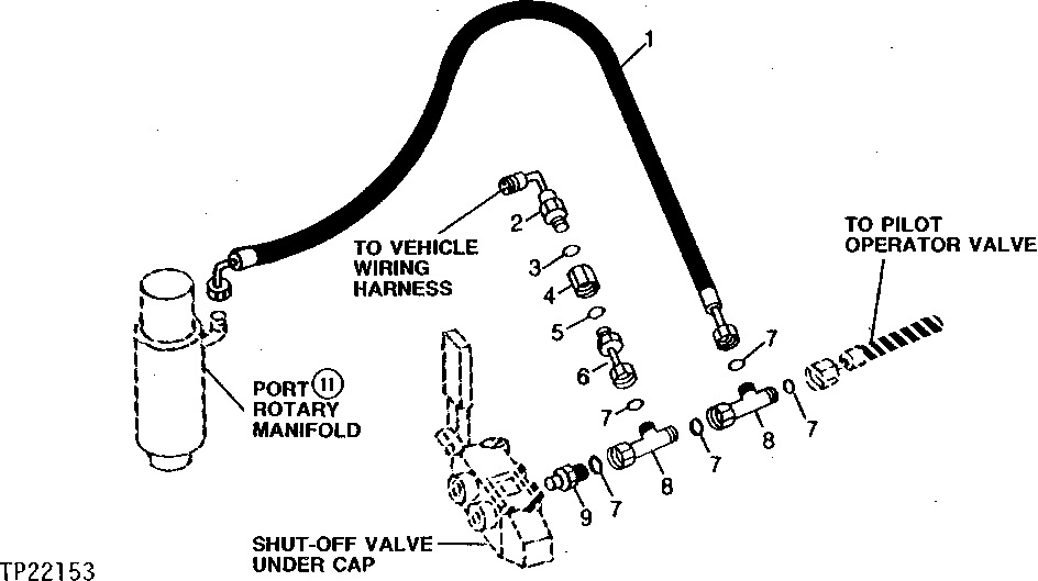 Схема запчастей John Deere 90CR - 47 - PILOT SHUT-OFF VALVE PRESSURE PORT FITTINGS 3360 - BACKHOE AND EXCAVATOR 33