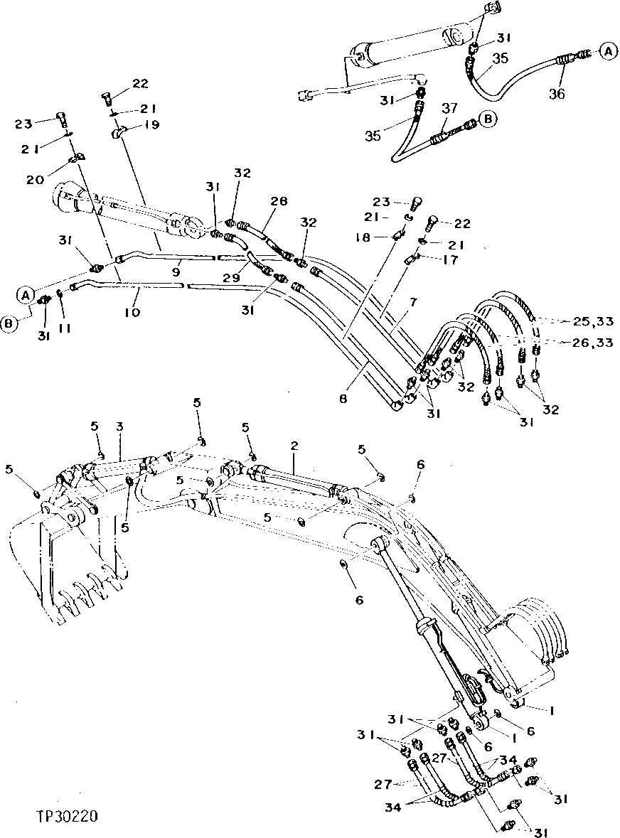 Схема запчастей John Deere 95 - 34 - BOOM AND ARM HYDRAULIC LINES AND HOSES 3360 - BACKHOE AND EXCAVATOR 33