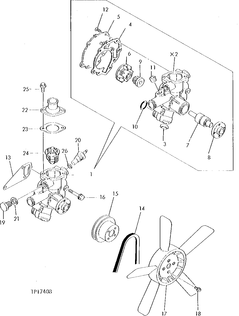 Схема запчастей John Deere 5 - 2 - ENGINE COOLANT PUMP, THERMOSTAT, SWITCH AND FAN 417 - ENGINE 4