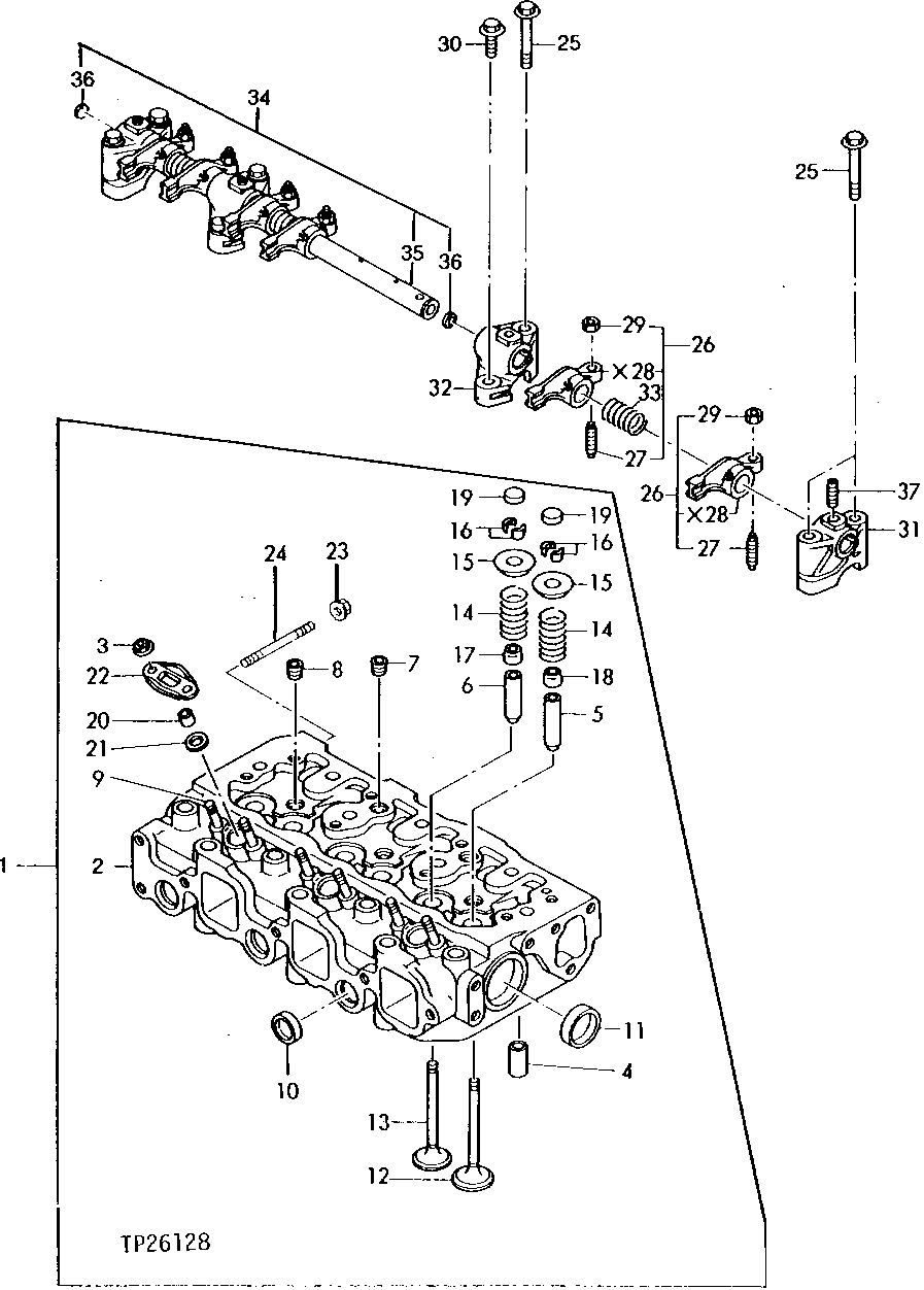 Схема запчастей John Deere 0 - 2 - CYLINDER HEAD, VALVES, ROCKER ARMS AND ROCKER ARM SHAFT 409 - ENGINE 4