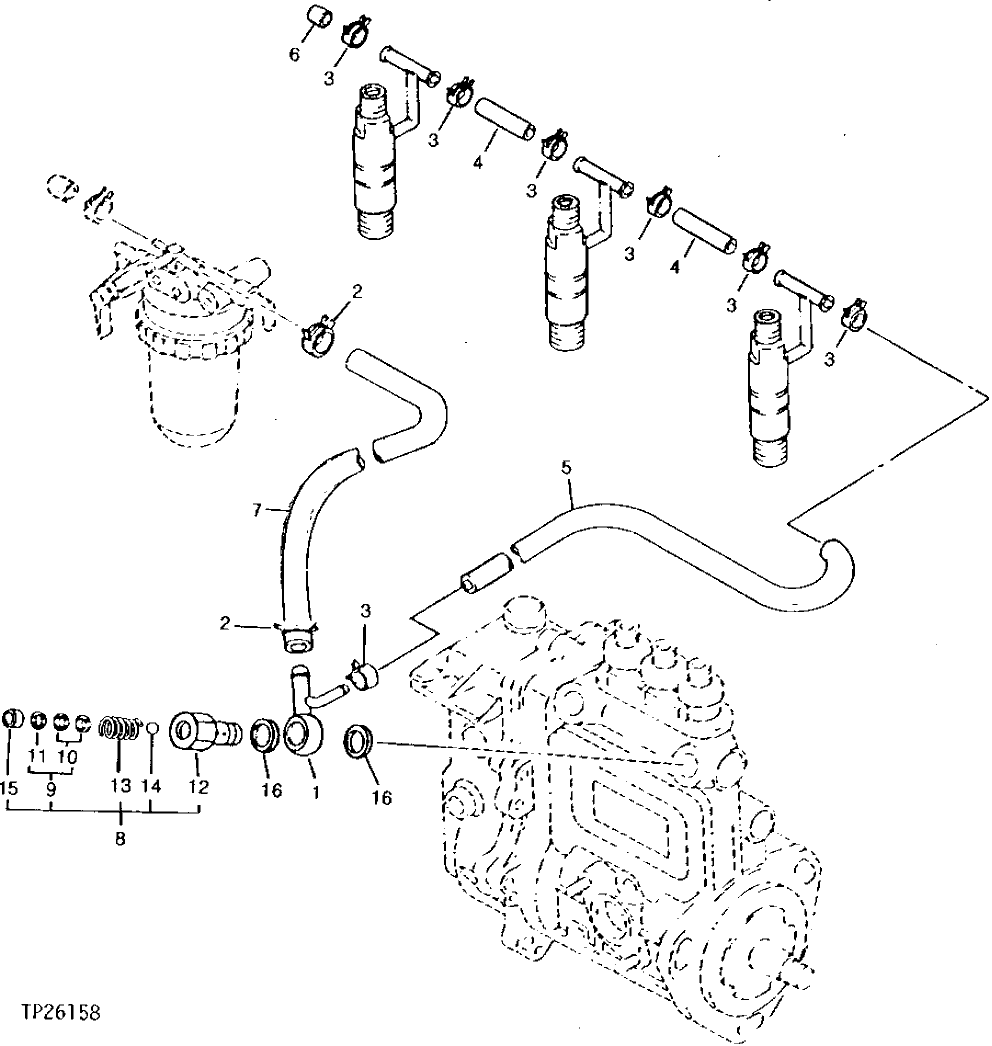 Схема запчастей John Deere 0 - 12 - FUEL RETURN HOSE 413 - ENGINE 4