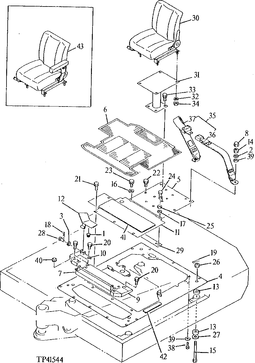 Схема запчастей John Deere 0 - 2 - SEAT, SEAT BELT AND FLOOR 1821 - OPERATORS STATION 18