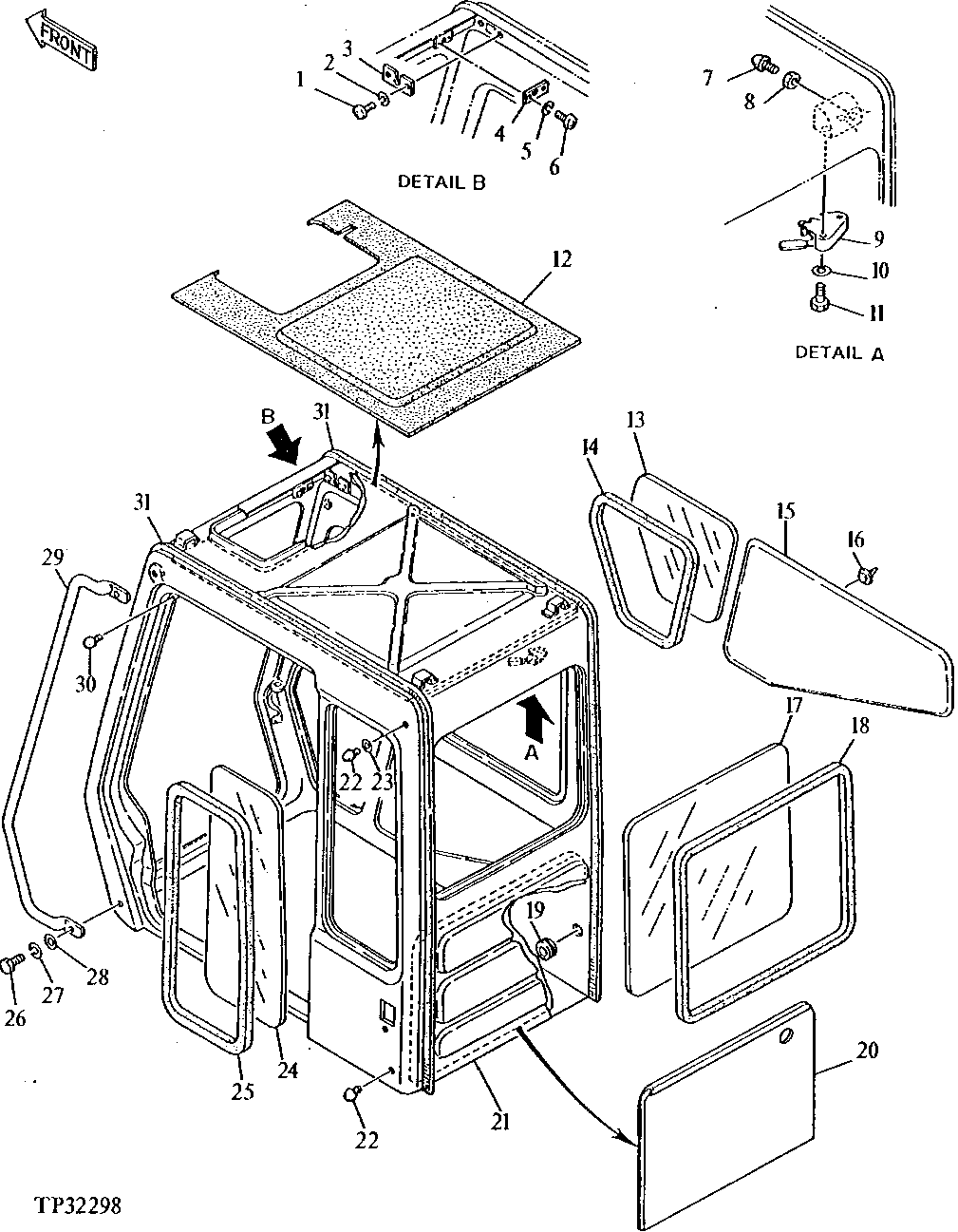 Схема запчастей John Deere 90D - 14 - CAB SHELL, HAND RAIL, HEADLINER, RIGHT LOWER WINDOW, REAR WINDOW, TRIM PADS AND LEFT WINDOW 1810 - OPERATORS STATION 18