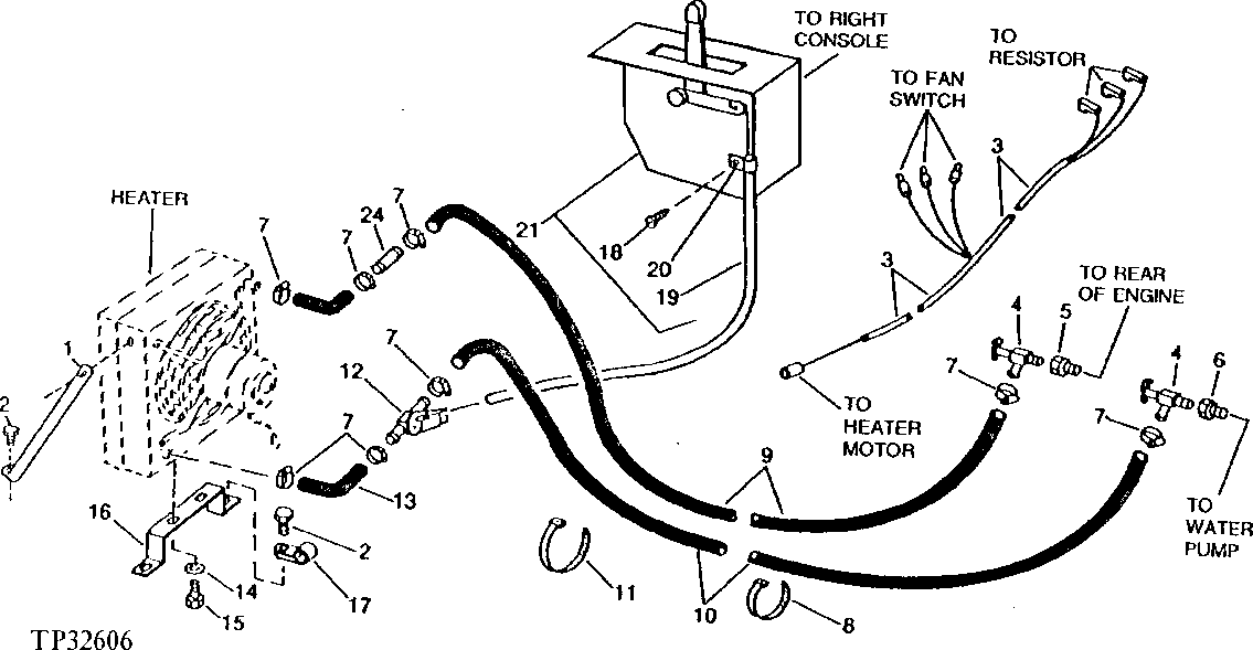 Схема запчастей John Deere 90D - 15A - HEATER, VALVES AND HOSES 1830 - OPERATORS STATION 18