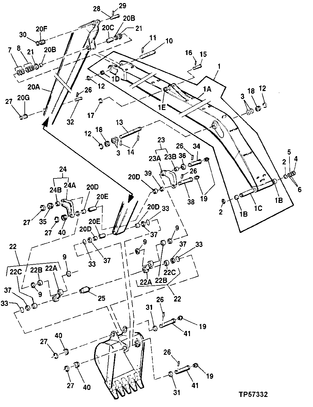 Схема запчастей John Deere 90D - 6 - SUPER LONG FRONT ARM AND BOOM WITH MOUNTING PARTS AND BUCKET LINKAGE 3340 - BACKHOE AND EXCAVATOR 33