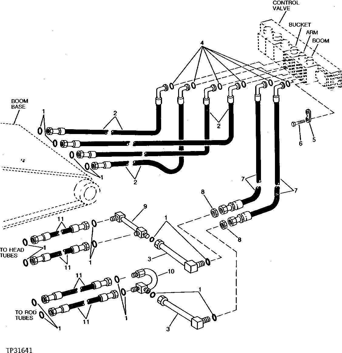 Схема запчастей John Deere 90D - 62 - CONTROL VALVE TO ARM, BUCKET AND BOOM CYLINDER LINES AND HOSES 3360 - BACKHOE AND EXCAVATOR 33