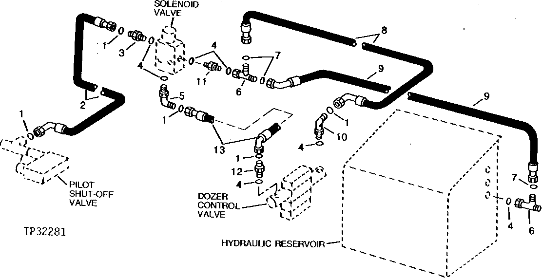 Схема запчастей John Deere 90D - 100 - DOZER VALVE AUXILIARY SECTION SOLENOID VALVE HOSES AND FITTINGS 3360 - BACKHOE AND EXCAVATOR 33