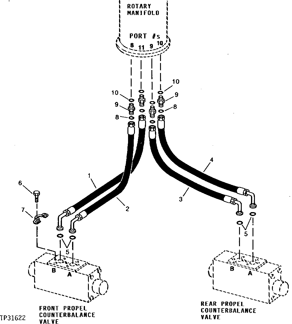 Схема запчастей John Deere 90D - 7E - ROTARY MANIFOLD TO PROPEL MOTOR VALVE HOSES 260 - AXLES AND SUSPENSION SYSTEMS 2