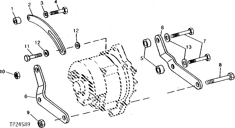 Схема запчастей John Deere 90D - 1 - ALTERNATOR MOUNTING BRACKETS AND ADJUSTING STRAPS 423 - ENGINE 4